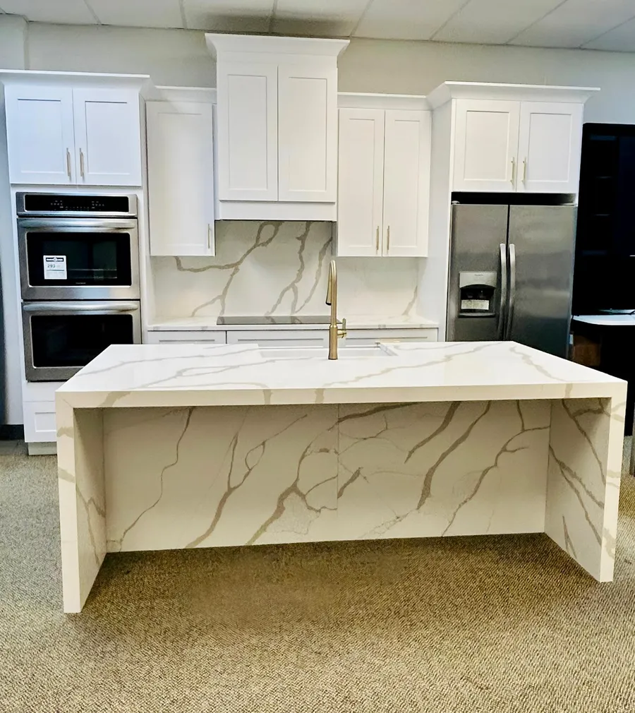 Finished island with a waterfall edge, cut at the Onyx facility in Kissimmee